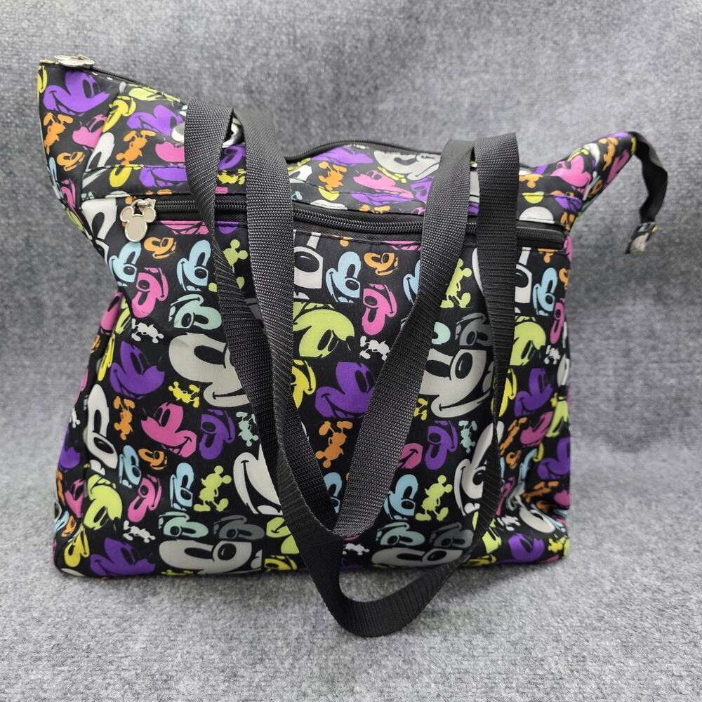 Disney Parks Mickey Mouse Tote Bag Black Multicolor Faces Zip Shoulder Purse